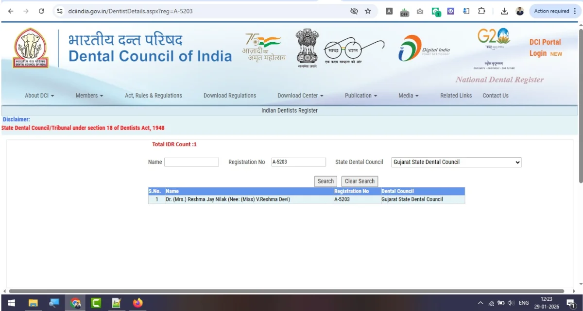 DCI registration record screenshot for Dr. Reshma J. Nilak, Registration No. A-5203, Gujarat State Dental Council