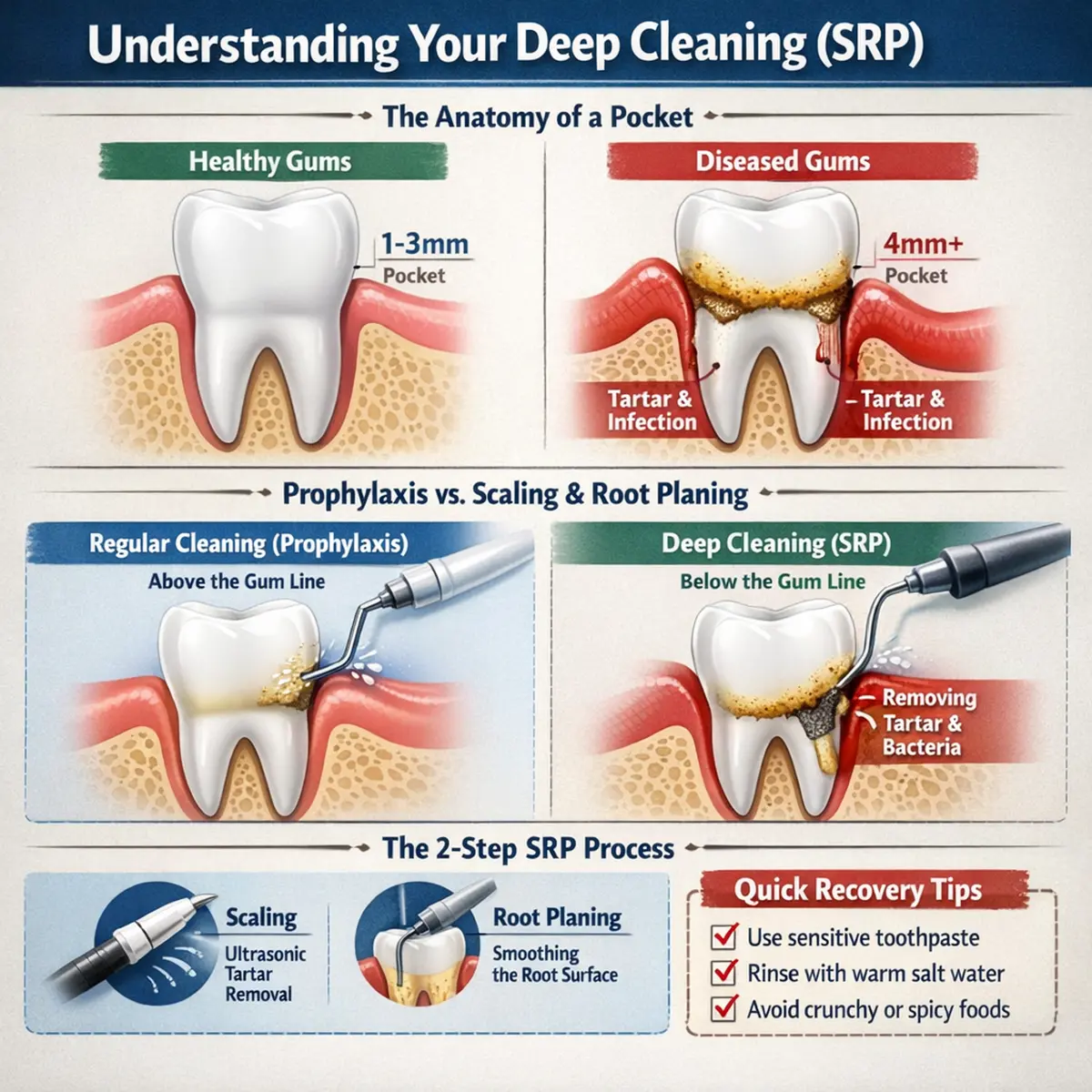 Infographic comparing healthy 1-3mm gum pockets vs 5mm diseased pockets and the scaling and root planing process